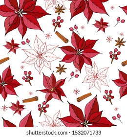 Christmas Winter Poinsettia Flowers Seamless Background. Hand drawn doodle style Floral Pattern in vector.