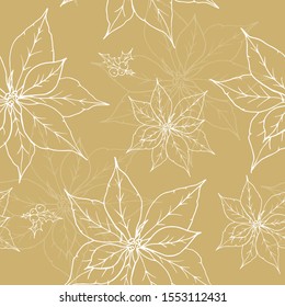 Christmas Winter Poinsettia Flowers Seamless Background. Hand drawn doodle style Floral Pattern in vector.