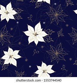 Christmas Winter Poinsettia Flowers Seamless Background. Hand Drawn Doodle Style Floral Pattern In Vector.