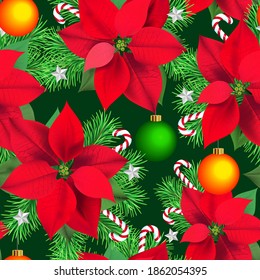Christmas Winter Poinsettia Flowers. Seamless background, floral pattern. Printing on textiles, paper.