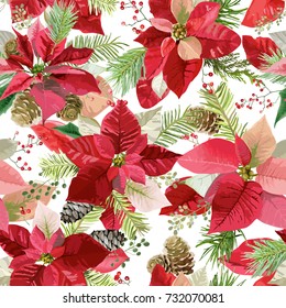 Christmas Winter Poinsettia Flowers Seamless Background, Floral Pattern Print In Vector