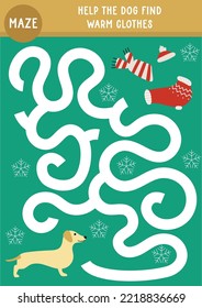página de la hoja de actividades imprimibles para el invierno de Navidad para los niños. Laberinto de laberinto. ayuda al perro a encontrar ropa.