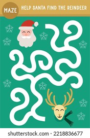 Christmas winter printable activity sheet page for kids. Maze labyrinth. help Santa find reindeer.