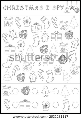 Christmas winter printable worksheet in black and white. I spy game page for children. Searching and counting activity with drawing symbols. Simple spotting coloring page