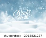 Christmas Winter Product podium on the background of drifts, snowflakes and snow. Realistic product podium for winter and christmas discount design, sale. Vector illustration EPS10
