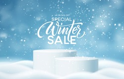 Christmas Winter Product Podium On The Background Of Drifts, Snowflakes And Snow. Realistic Product Podium For Christmas Winter And Christmas Discount Design, Sale. Vector Illustration EPS10