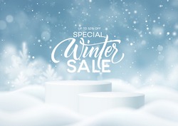 Christmas Winter Product Podium On The Background Of Drifts, Snowflakes And Snow. Realistic Product Podium For Winter And Christmas Discount Design, Sale. Vector Illustration EPS10