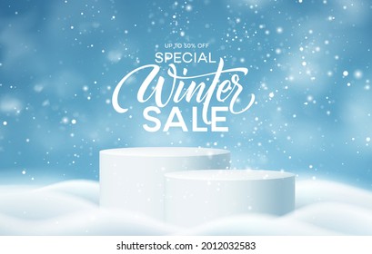 Christmas Winter Product podium on the background of drifts, snowflakes and snow. Realistic product podium for Christmas winter and christmas discount design, sale. Vector illustration EPS10
