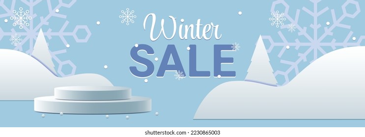 Christmas Winter Product podium on the background of drifts, snowflakes and snow. Realistic product podium for winter and Paper cut decoration. Vector illustration EPS10