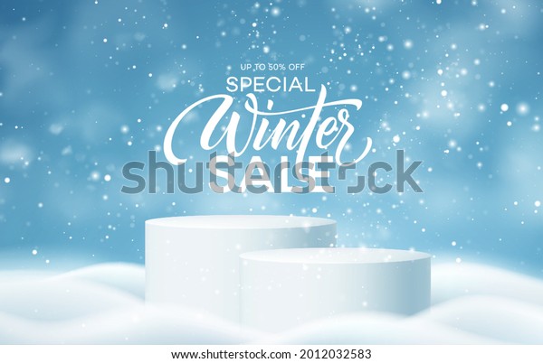 Christmas Winter Product podium on the background\
of drifts, snowflakes and snow. Realistic product podium for\
Christmas winter and christmas discount design, sale. Vector\
illustration EPS10