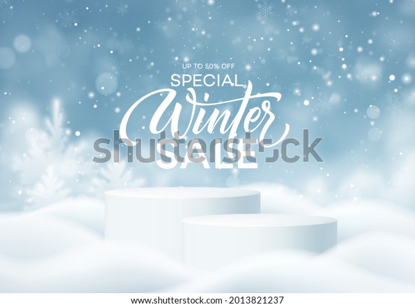 Christmas Winter\
Product podium on the background of drifts, snowflakes and snow.\
Realistic product podium for winter and christmas discount design,\
sale. Vector illustration\
EPS10