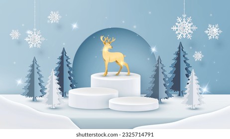 

Christmas Winter Product podium with reindeer on geometric shapes and snowflake on background, vector illustration in paper art style