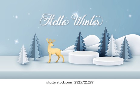 Christmas Winter Product podium with reindeer on geometric shapes and snowflake on background, vector illustration in paper art style