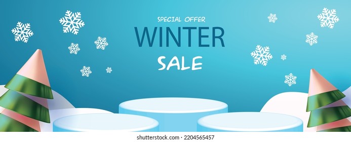 Christmas Winter Product podium snowflakes and snow Vector illustration sale product banner forested landscape paper 3d
