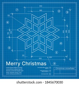 Christmas winter project snowflake on New Year blue sketch postcard abstract drawing blueprint model