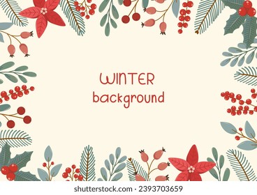 Christmas winter rectangular frame on white background in flat vector style. Hand drawn christmas tree branches, poinsettia, berries, holly. Holiday seasonal floral decoration.