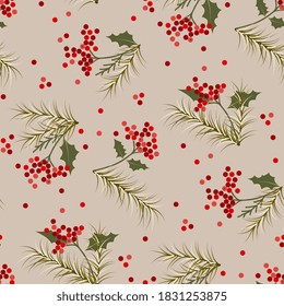 Christmas, winter red berries, tree fir branches  background print pattern