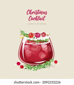 Christmas winter red cocktail with whiskey and cranberry. Flat vector illustration. Beige background. Holiday party drink