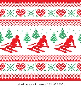 Christmas, winter red and green seamless pattern - man skiing in mountains