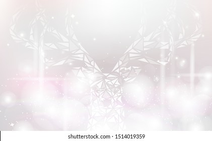 Christmas winter, Reindeer polygon glowing fantasy, white and rose gold abstract background, silver stars decorate seasonal holiday vector illustration