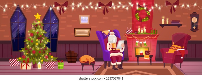 Christmas winter room interior with Santa Claus in armchair, decorated x-mas tree, fireplace. Holiday traditional indoor background with brick wall, windows, garland, chimney. Christmas room poster