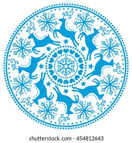 Christmas, winter round blue pattern with reindeer - folk art style