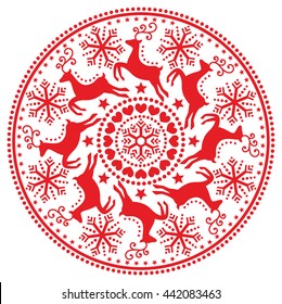 Christmas, winter round pattern with reindeer - folk art style