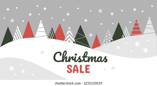 Christmas winter sale, abstract banner with snowdrifts and coniferous plants. Holiday merry xmas scene, snow mountain, tree landscape. Vector cartoon flat illustration, tidy background