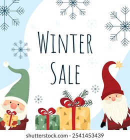 Christmas "Winter Sale" banner with funny gnomes, bright gift surprises and graceful snowflakes. Vector illustration in seasonal Christmas sale team concept. For Christmas promotion, flyer, banners.