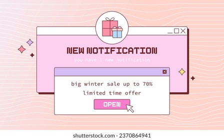 Christmas Winter Sale Banner with Old PC Computer Elements, Windows and Cute Groovy New Year Decorations.
