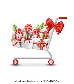 Christmas Winter Sale Shopping Cart with White Gift Boxes and Pine Branches Isolated on White Background