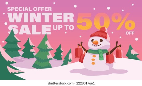 christmas winter sale with snowmang hanging shopping bag in background