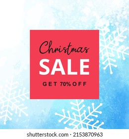 Christmas winter sale template with snowy watercolor texture and snowflakes. Suitable for greeting cards, social media posts, banner design and online advertising. Vector illustration