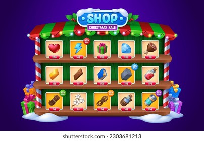 Christmas winter sale ui game shop frame with snow and garland. Cartoon mobile gui store button with gem, gifts, props and resources selection to buy. Limited time price offer with xmas decoration