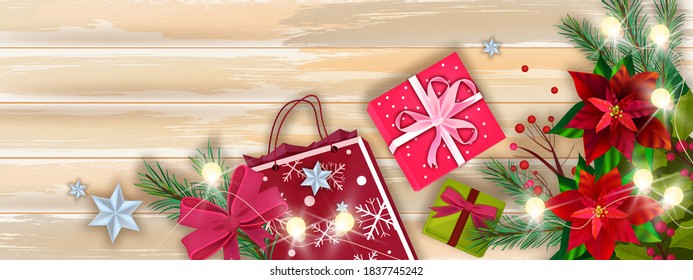Christmas winter sale vector banner with holiday gift boxes, shopping bag, table top view. X-mas season background with presents, wooden boards, red poinsettia, fir branches. Christmas sale flat lay