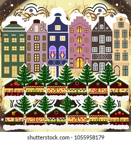 Christmas winter scene. Background. Vector illustration. Evening village winter landscape with snow cove houses.