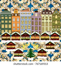 Christmas winter scene. Background. Vector illustration. Evening village winter landscape with snow cove houses.