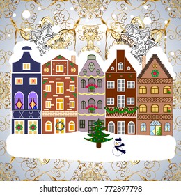 Christmas winter scene. Background. Vector illustration. Evening village winter landscape with snow cove houses.