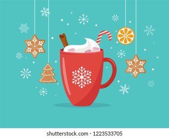 Christmas, winter scene with a big cocoa mug and homemade gingerbread, vector concept illustration