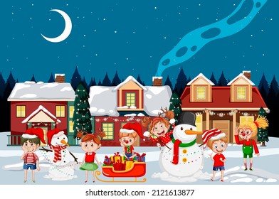 Christmas winter scene with children and snowman illustration