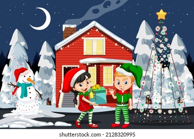 Christmas winter scene with elf cartoon character illustration