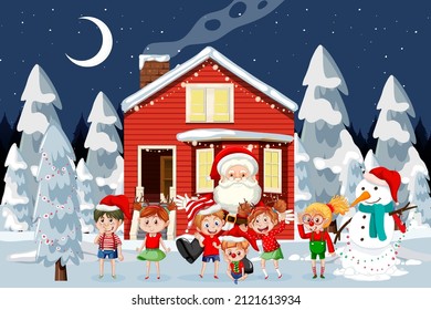 Christmas winter scene with happy children illustration