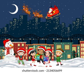 Christmas winter scene with happy children illustration