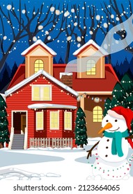 Christmas winter scene with a house and snowman illustration