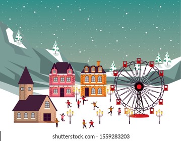 christmas winter scene with panoramic wheel and people vector illustration design