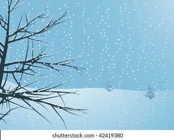 Christmas winter scene with snow falling on bare tree