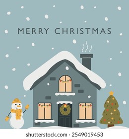 Christmas Winter Scene with Snow-Covered House and Snowman Illustration, Cozy winter illustration of a snow-covered house with festive decorations, a cheerful snowman wearing a scarf and hat