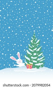 Christmas Winter Scene Upright Orientation. Hare Near Fir Tree. Red Box Gift. Hill with Snowdrifts. Lots of Snowflakes on a Dark Blue Background. Vector illustration.
