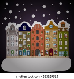 Christmas winter scene. Vector illustration. Evening village winter landscape with snow cove houses. Background.