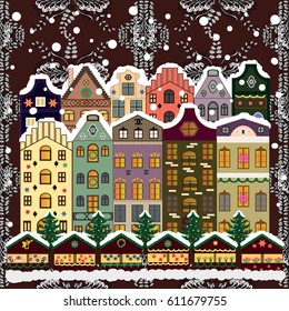 Christmas winter scene. Vector illustration. Evening village winter landscape with snow cove houses. Background.